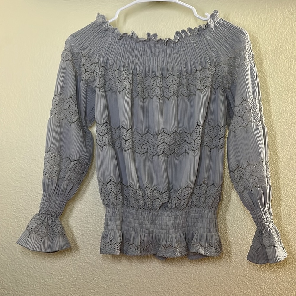 Women’s Off-The-Shoulder Grey Top with Balloon Sleeves and Intricate Design